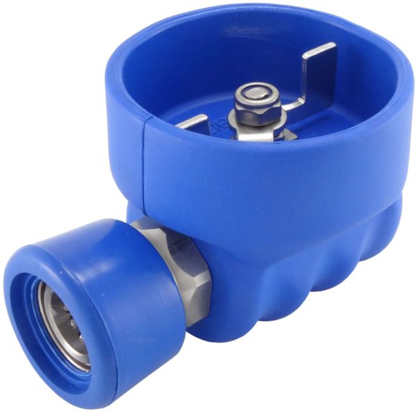 Stainless protected ball valve, 1/2" female x st.st. coupler with protection, blue