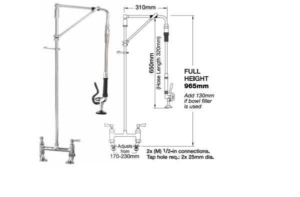 Deck Mounted Swingarm 'Hangman' Pre-Rinse Spray. Single Pedestal and Twin (mixed) Water Feed. - Short Model 680mm